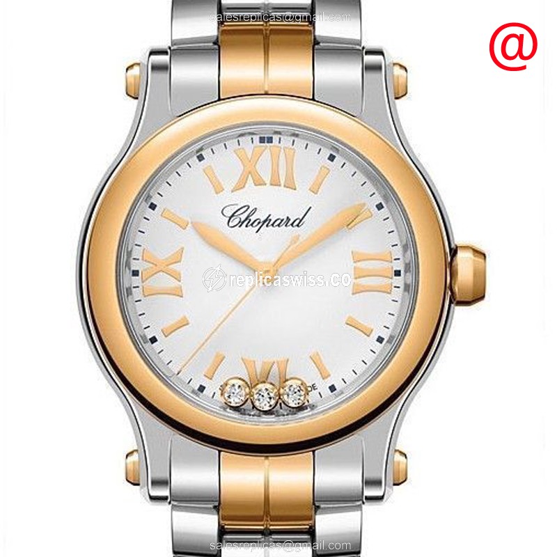 Chopard Happy Sport Quartz 18kt Rose Gold Steel Case Silver Dial Gold Strap